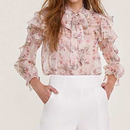 Pink Floral Print Tie Neck Ruffled Chiffon Blouse