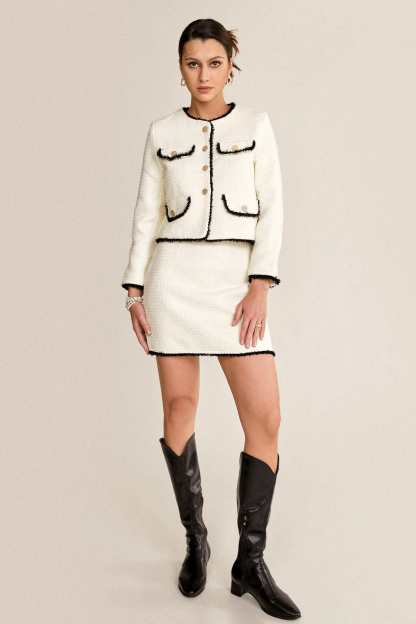 White Contrast Frayed Trim Tweed Jacket & Mini Skirt Two-Piece Set