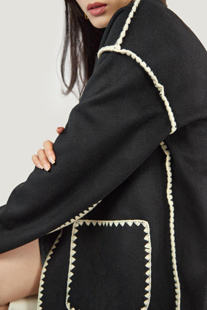 Black Contrast Drop Shoulder Wool-Blend Tweed Coat with Scarf