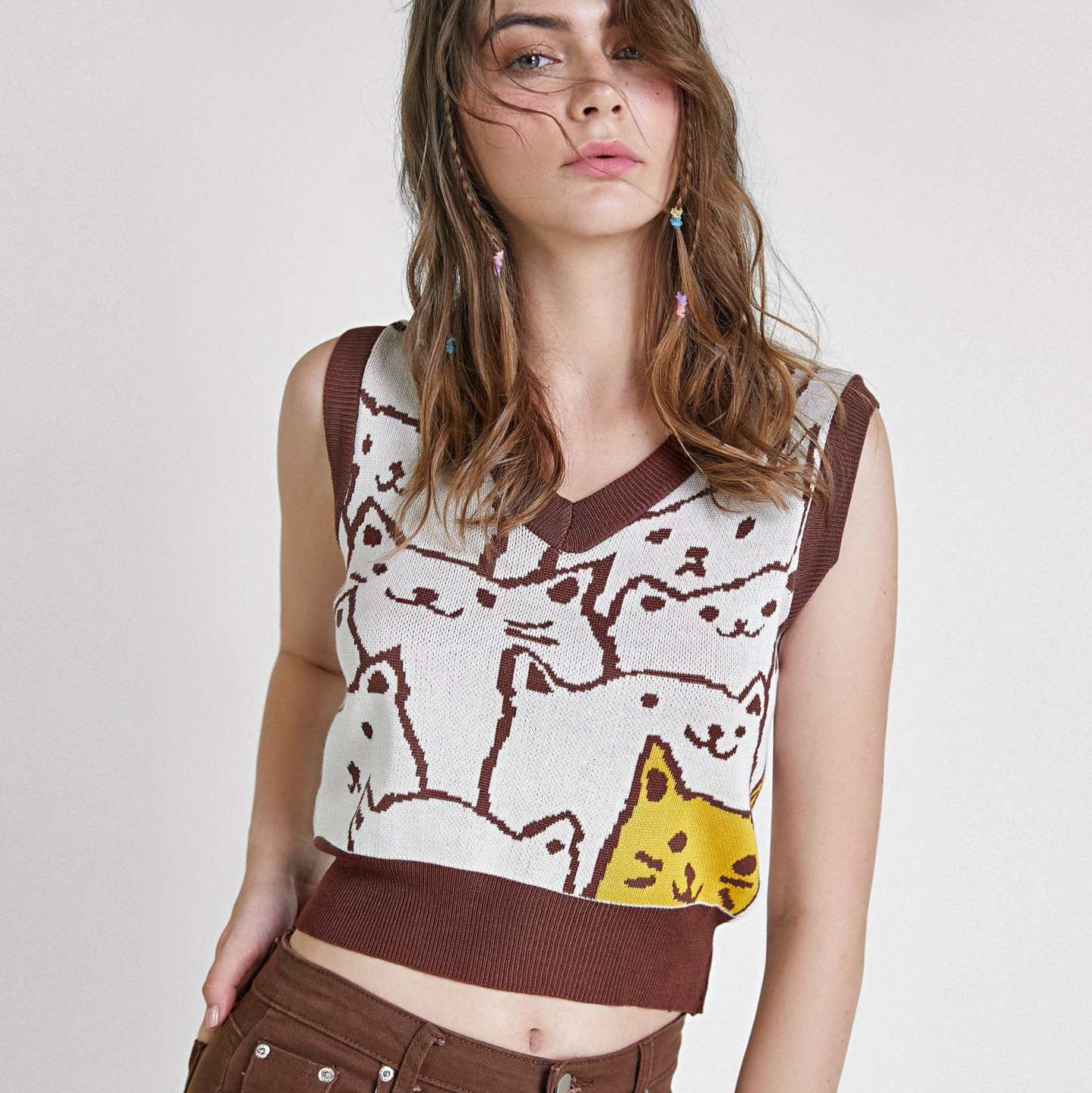 Saddle Brown Cat Print Knitted Vest