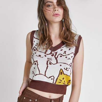 Saddle Brown Cat Print Knitted Vest