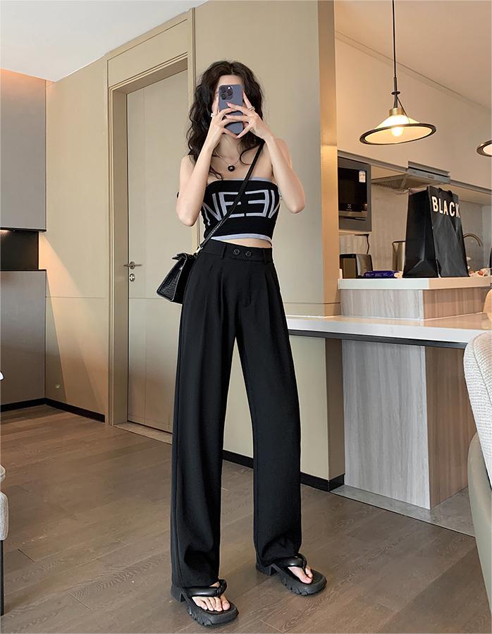 Black Business Casual Double Buckle Wide-leg Suit Pants