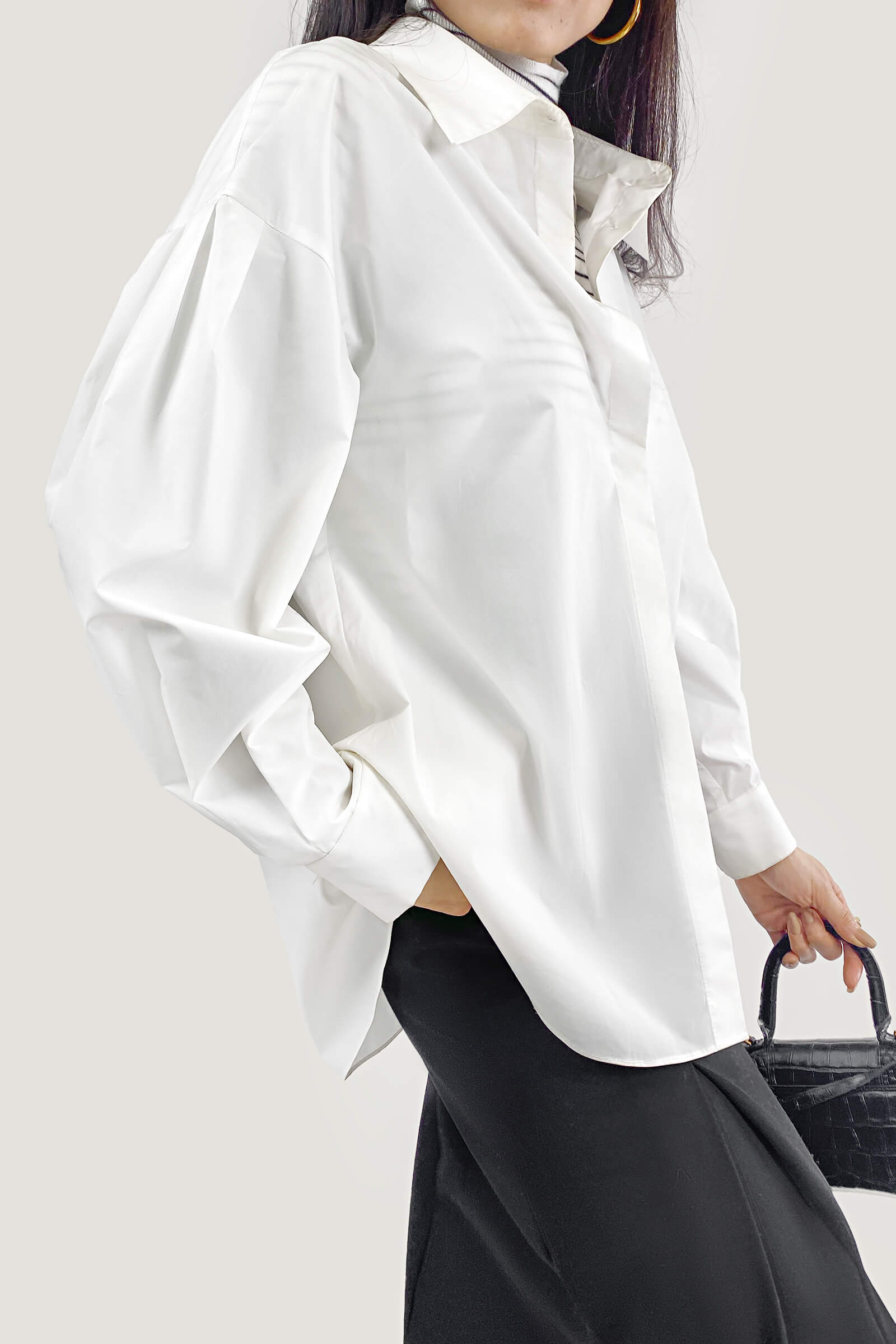 White Button-Up Lantern Sleeve Shirt-J.ING