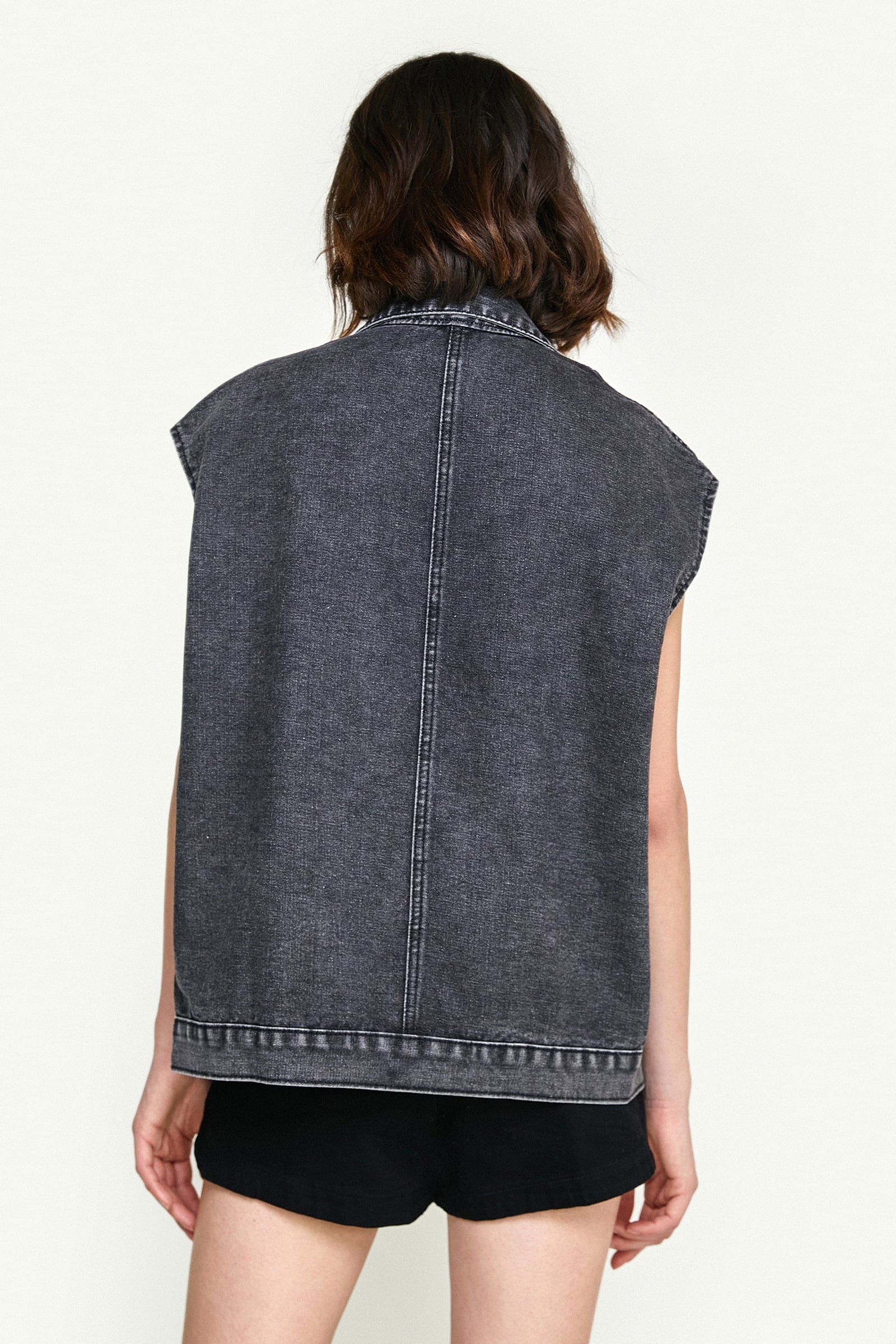 Black Collared Flap Pocket Button Front Denim Vest
