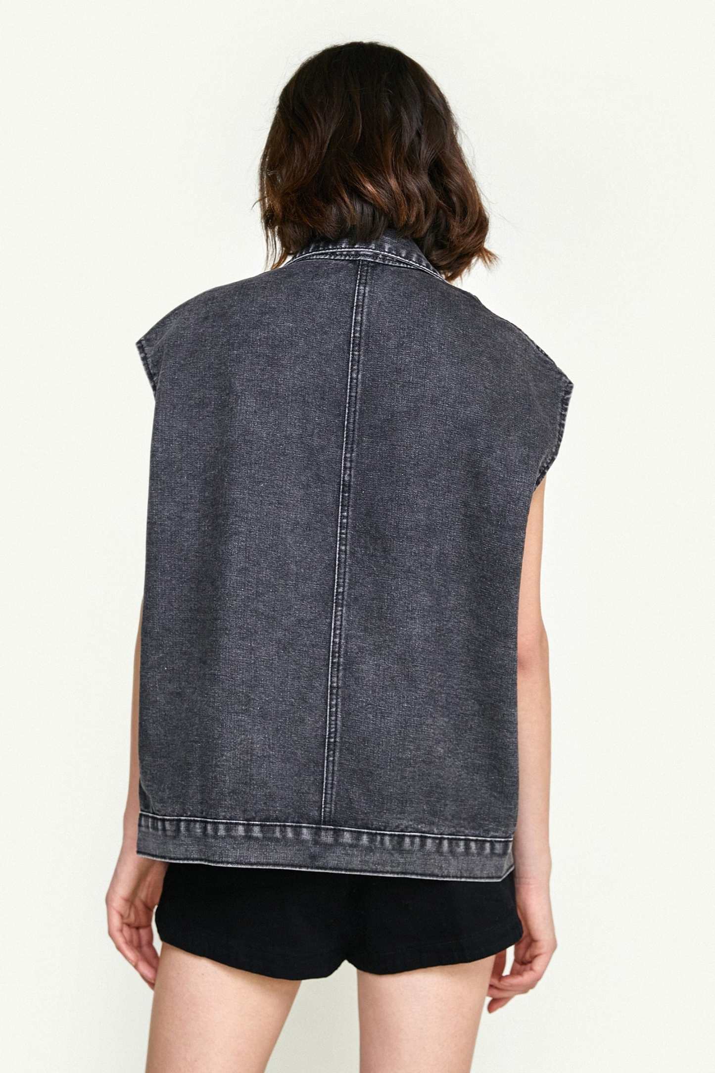 Black Collared Flap Pocket Button Front Denim Vest