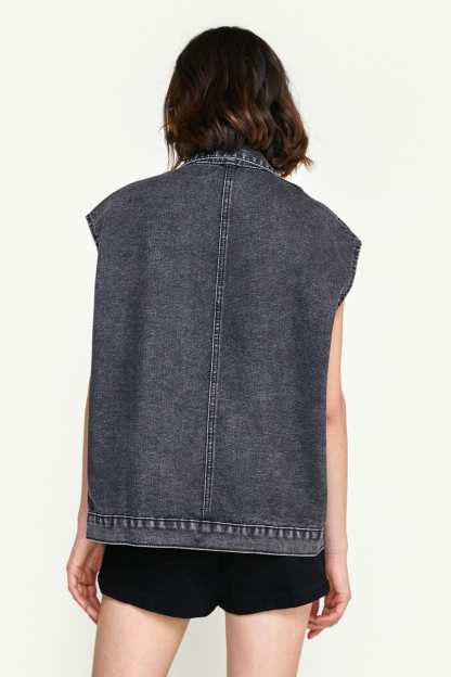 Black Collared Flap Pocket Button Front Denim Vest