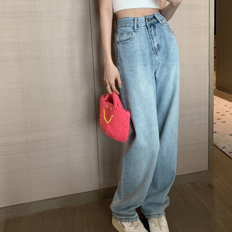 Light Blue Letter-Print Straight-Leg High-Rise Jeans