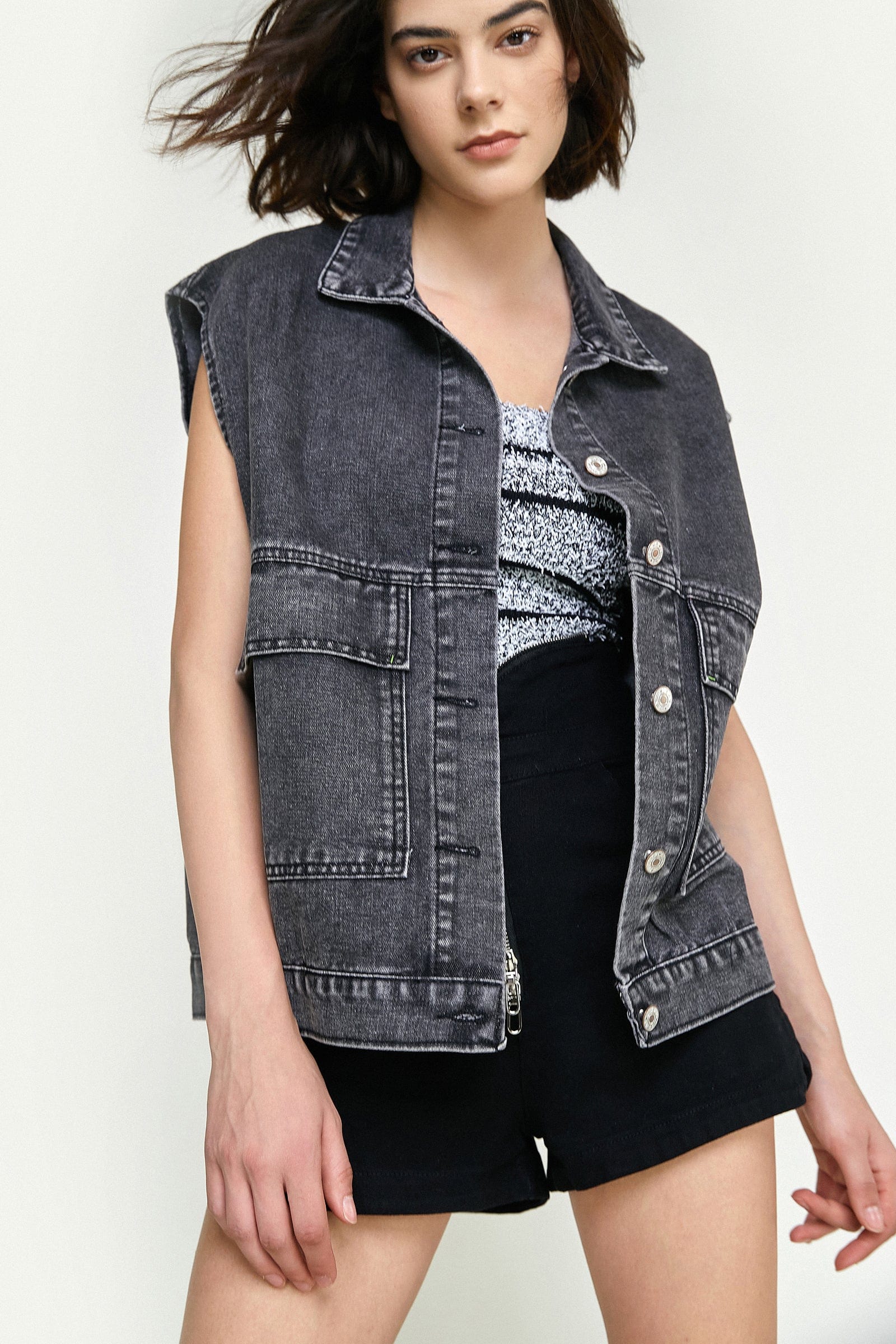 Black Collared Flap Pocket Button Front Denim Vest
