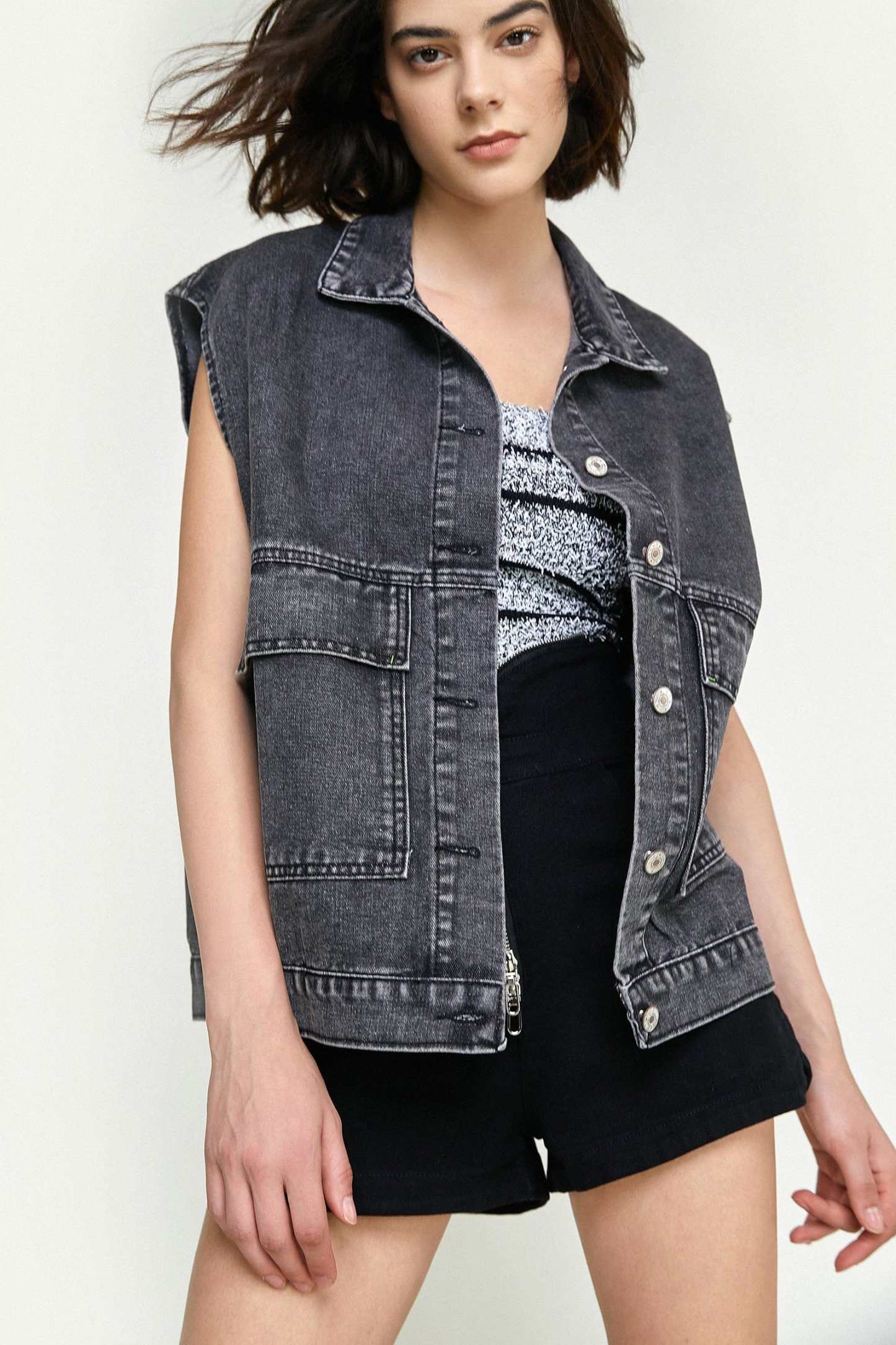 Black Collared Flap Pocket Button Front Denim Vest