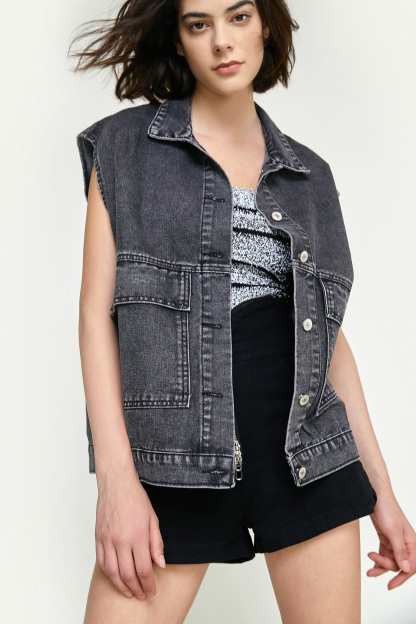 Black Collared Flap Pocket Button Front Denim Vest
