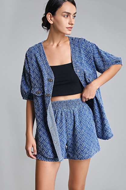 Royal Blue Frayed Denim Longline Button-Up Top & Shorts Two-Piece Set