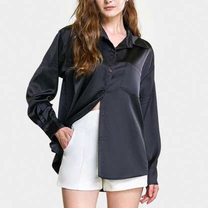 Black Satin Button Front Chest Pocket Shirt