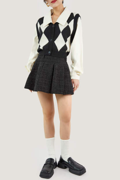 Black Diamond Layered Knit Cardigan Attached Vest