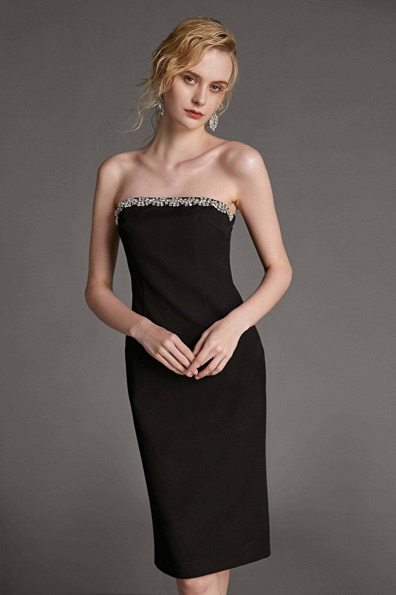 Black Rhinestone Trim Strapless Midi Dress