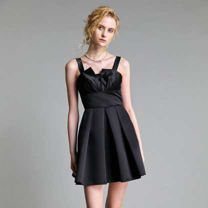 Black Satin Notched Flared Mini Dress