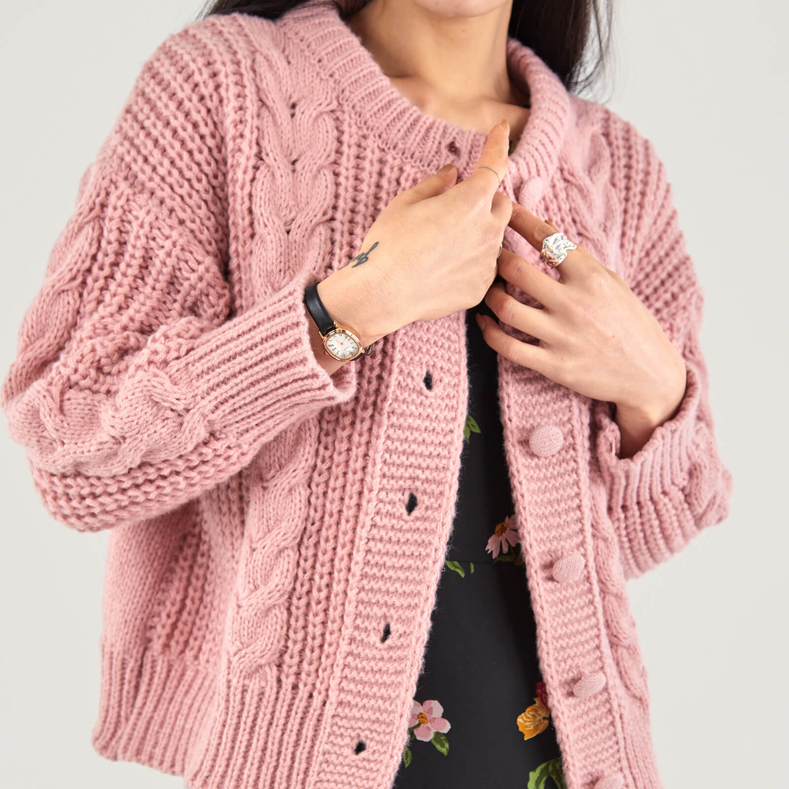 Dark Salmon Cable-Knit Button-Up Cardigan