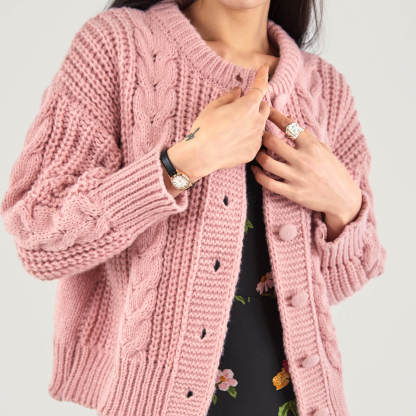 Dark Salmon Cable-Knit Button-Up Cardigan