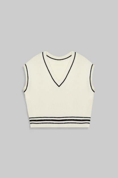 Beige Contrast Trim Cropped Sweater Vest