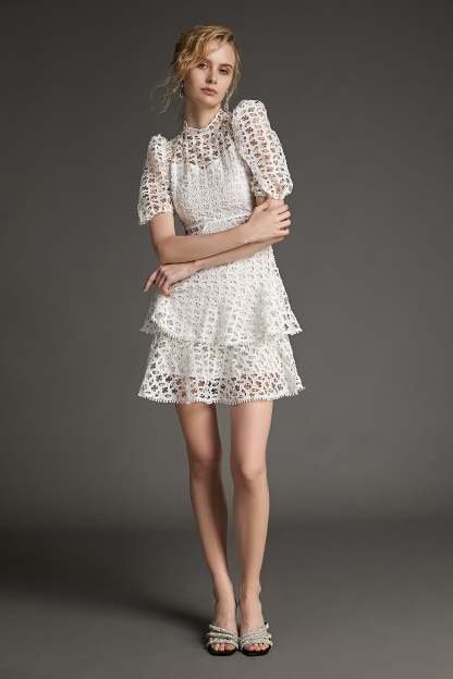 White Crochet Lace Pom Pom Tiered Mini Dress