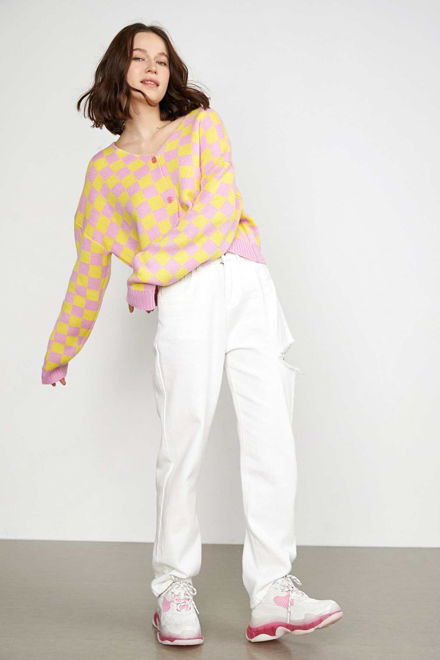 Aniceta Yellow Checkerboard Cardigan