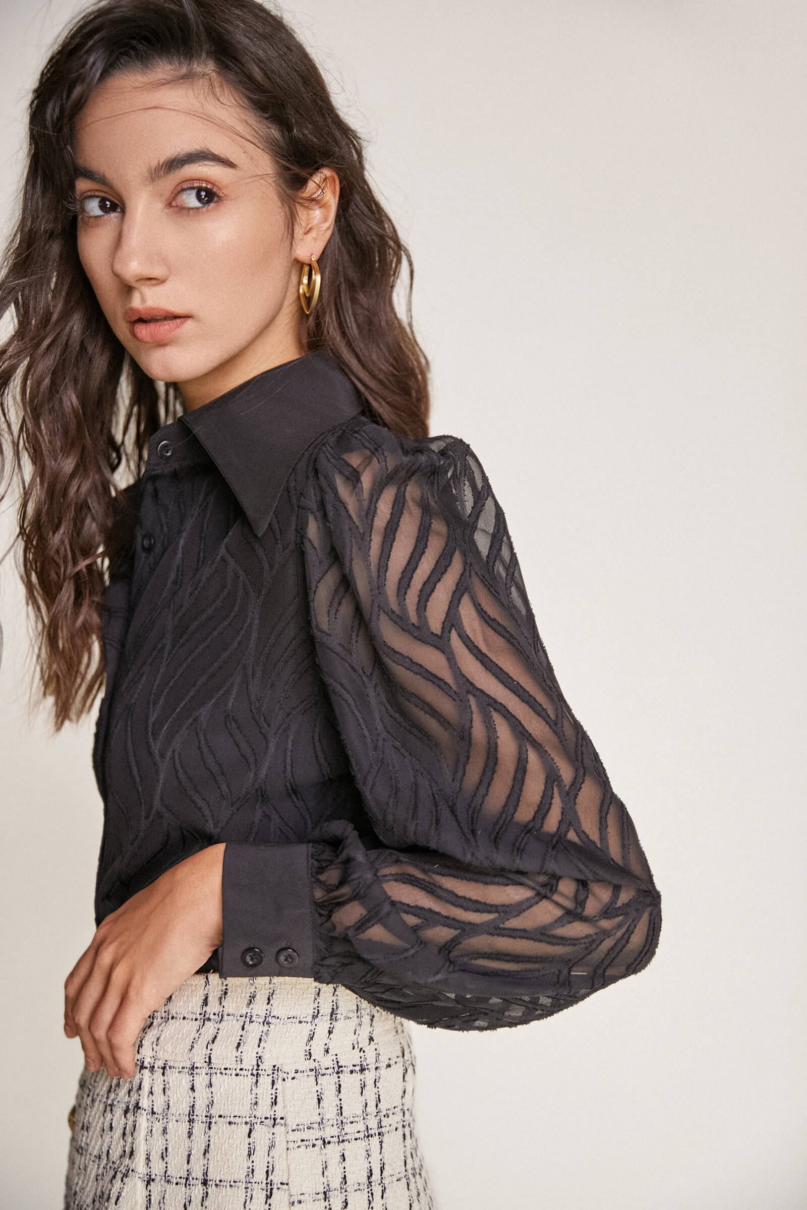 Black Pointed Collar Textured Mesh Shirt