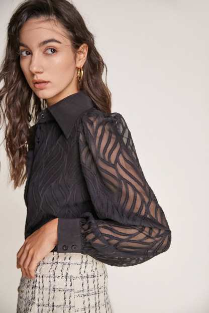 Black Pointed Collar Textured Mesh Shirt