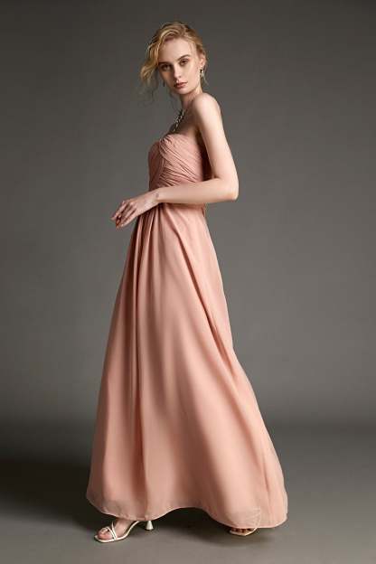 Pink Strapless Pleated Sweetheart Neck Maxi Dress