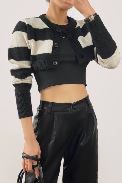 Black And White Striped Super Cropped Cardigan