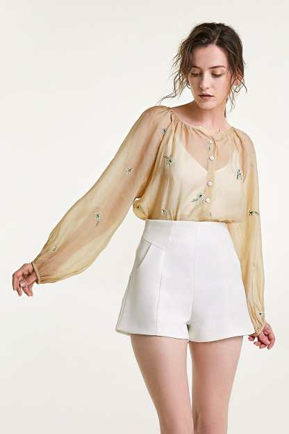 Beige Floral Embroidery Button Front Balloon Sleeve Blouse