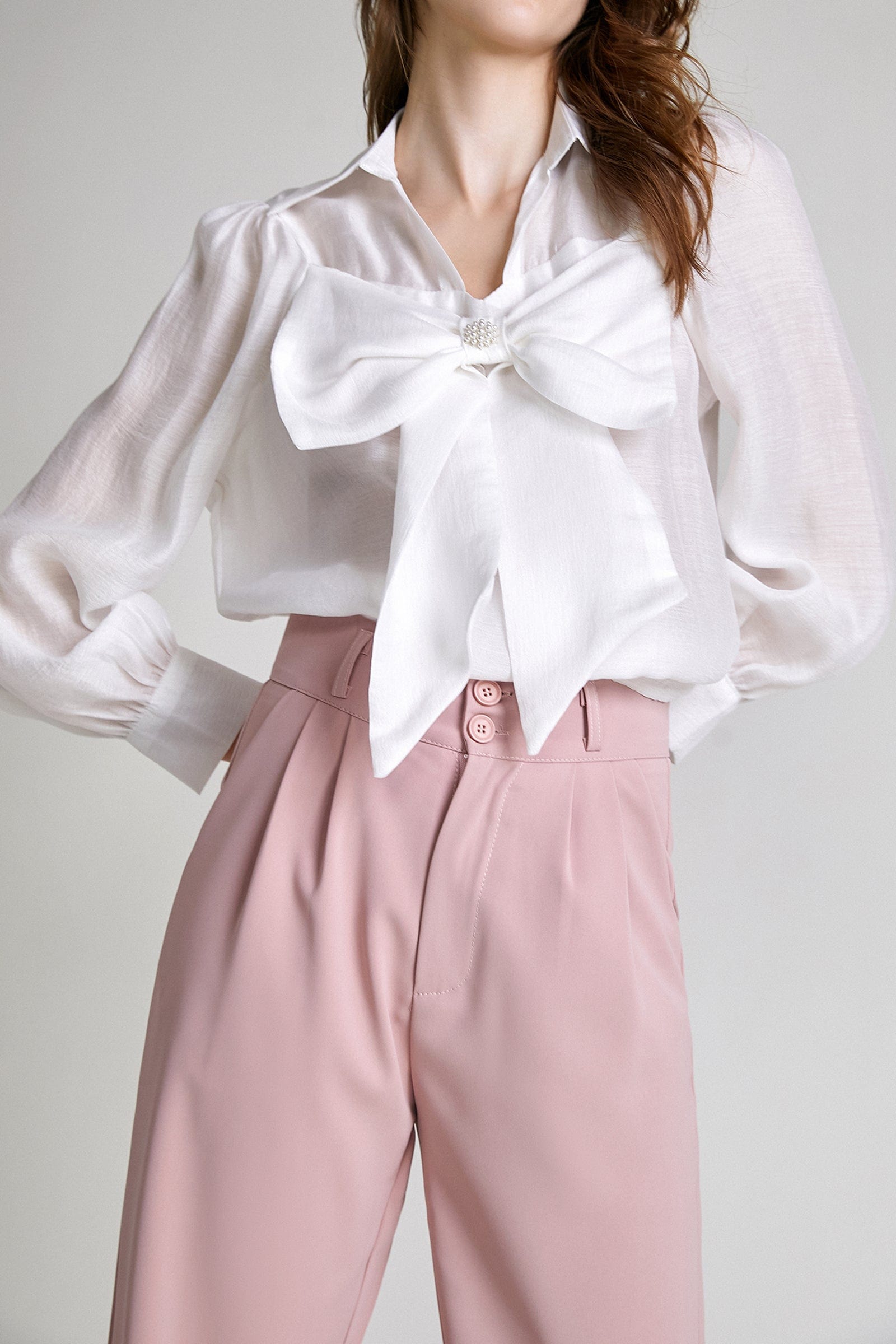 White Bow-Front Collared Blouse