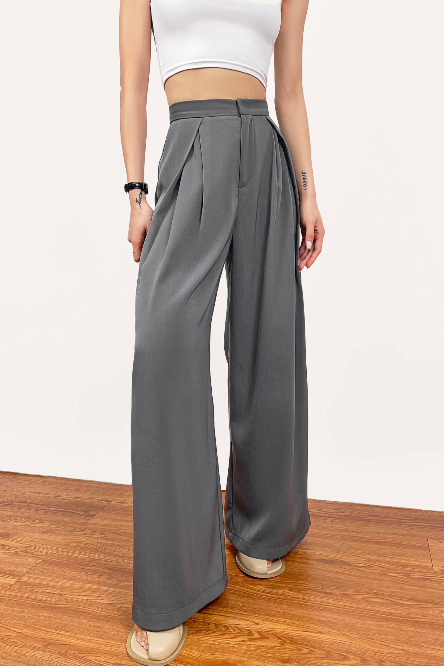 Dark Grey Pleated Wide Leg Work Pants-J.ING