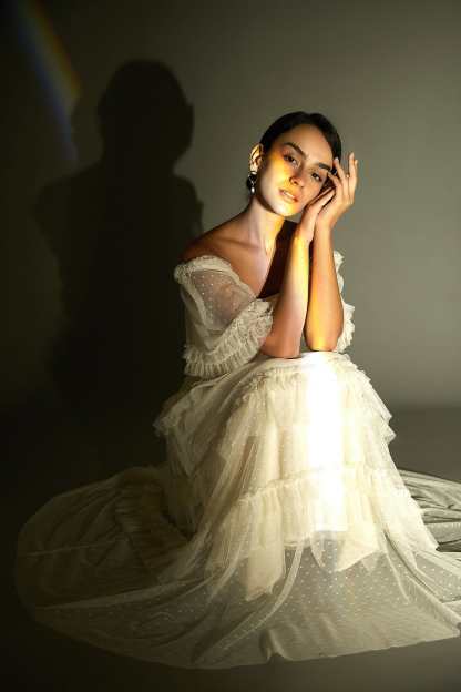 Beige Swiss Dot Mesh Ruffle Tiered Midi Dress