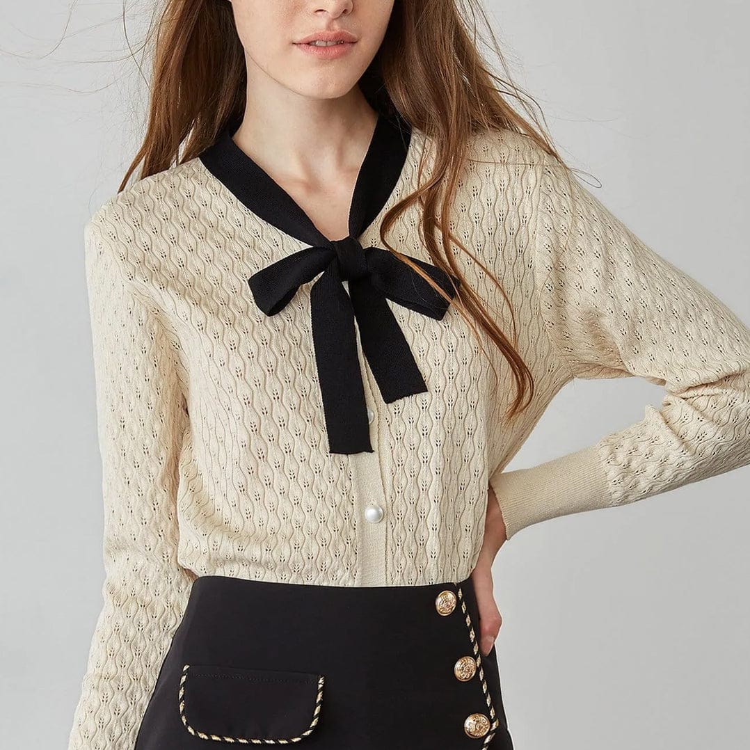 Ashtyn Beige Contrast Bow Tie Cardigan