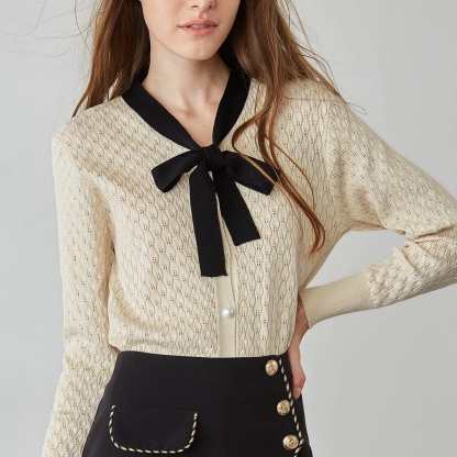Ashtyn Beige Contrast Bow Tie Cardigan
