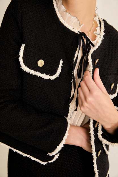 Black Contrast Frayed Trim Tweed Jacket & Mini Skirt Two-Piece Set