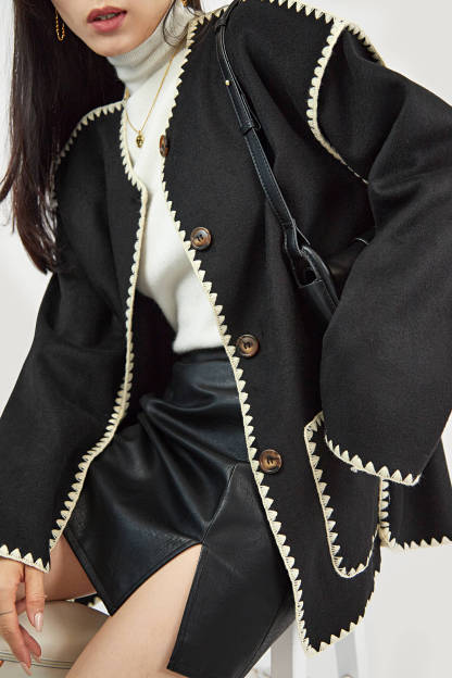 Black Contrast Drop Shoulder Wool-Blend Tweed Coat with Scarf
