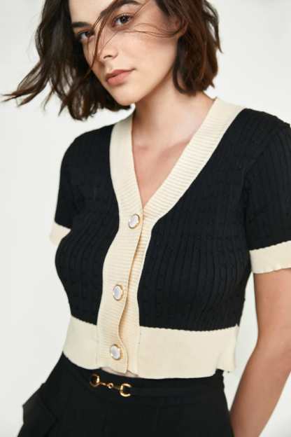 Black Contrast Trim Button-Up Cable Knit Cropped Cardigan