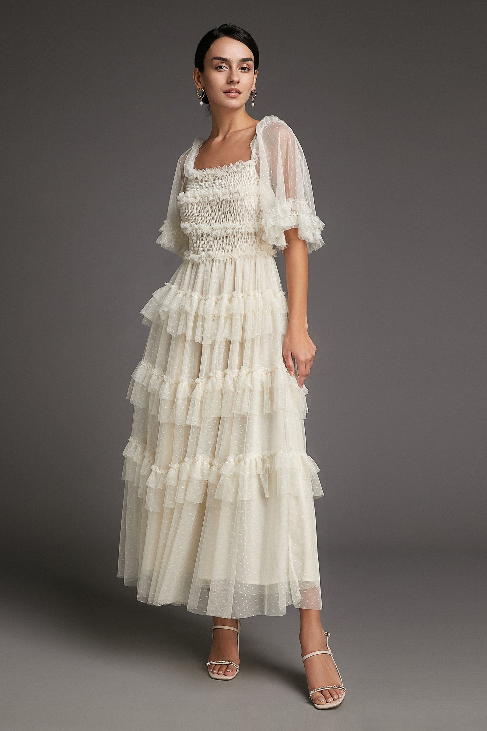 Beige Swiss Dot Mesh Ruffle Tiered Midi Dress