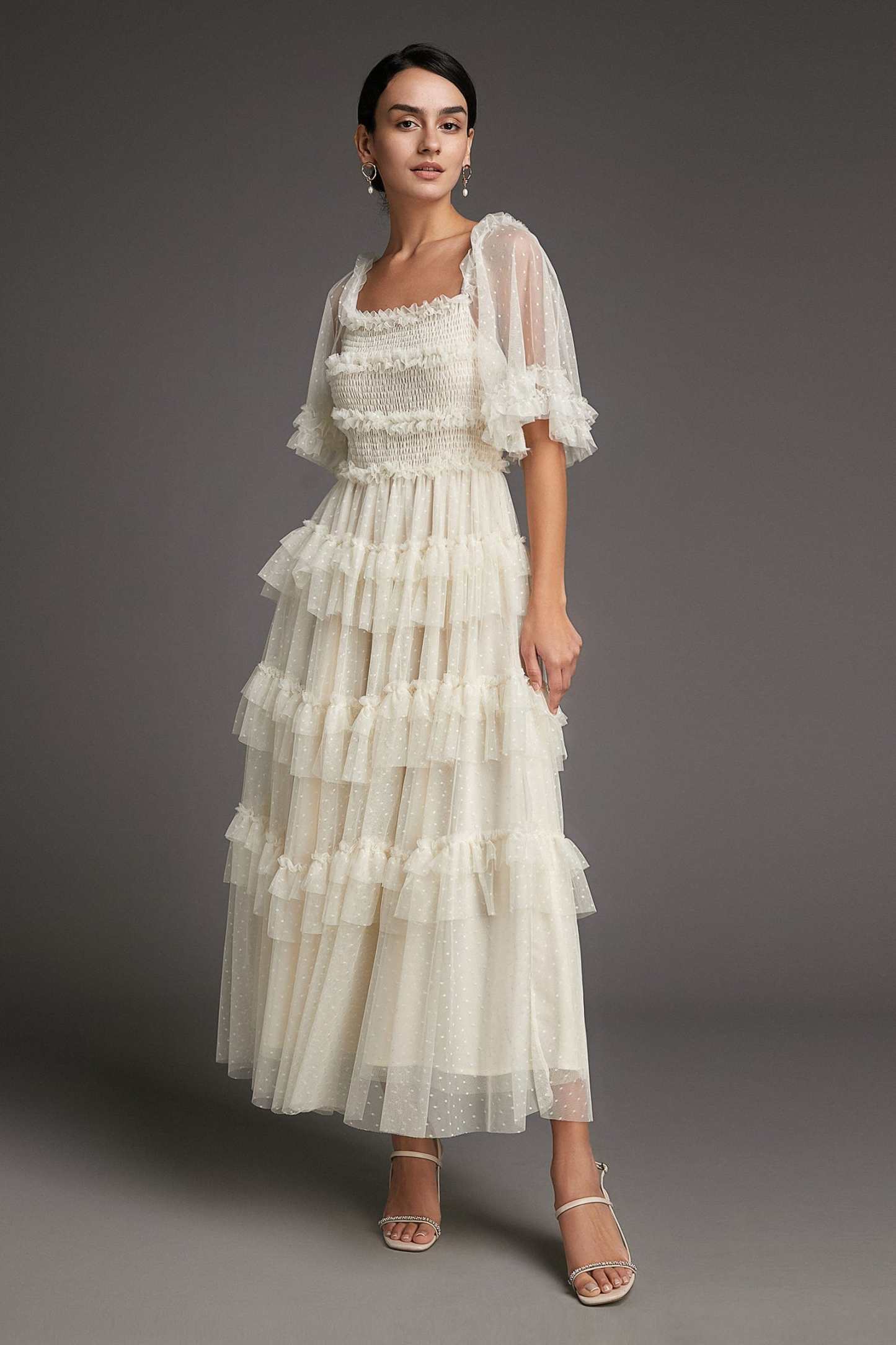 Beige Swiss Dot Mesh Ruffle Tiered Midi Dress