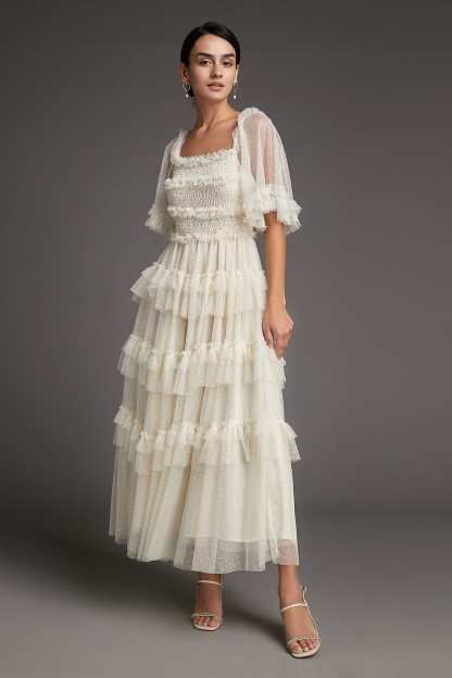 Beige Swiss Dot Mesh Ruffle Tiered Midi Dress