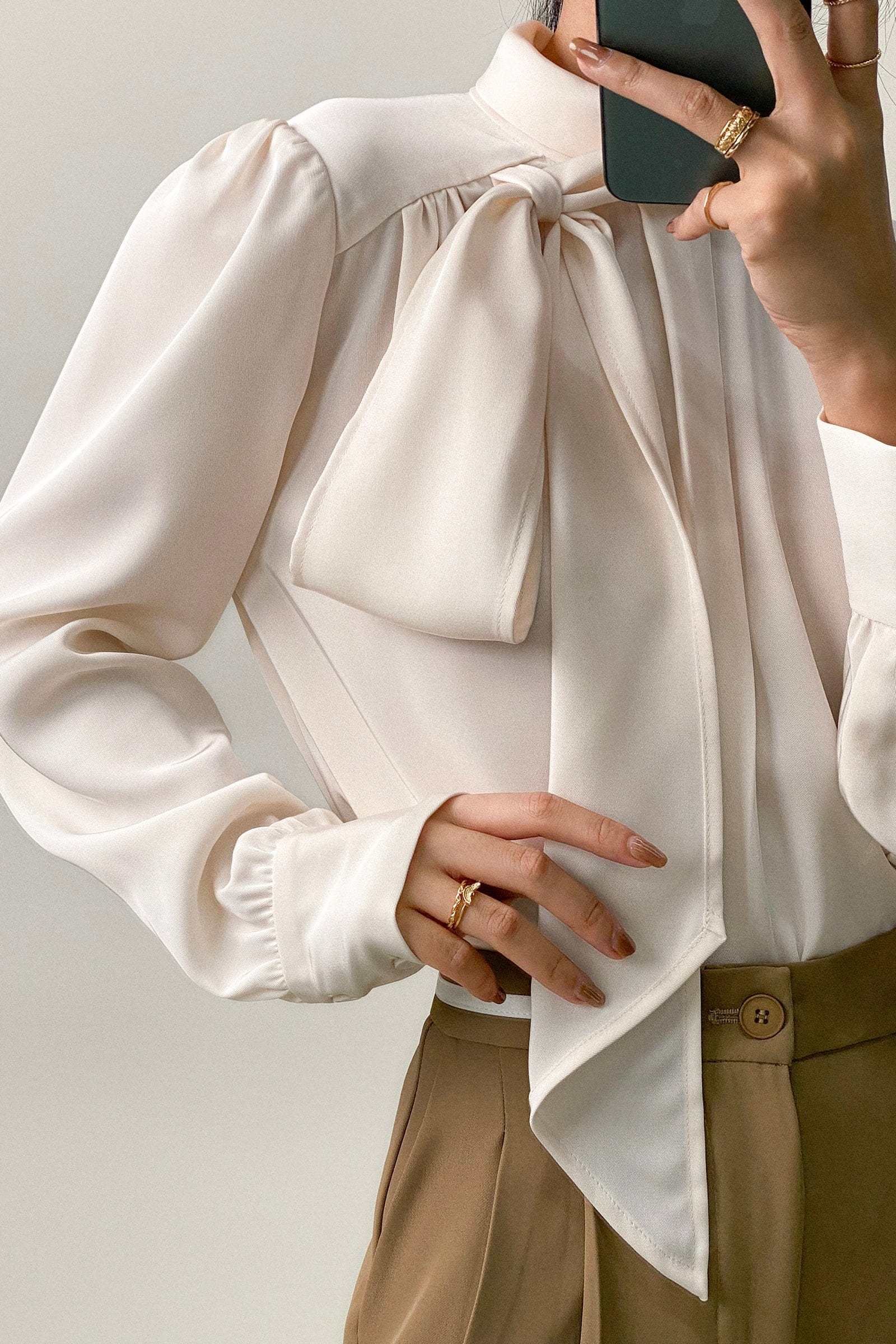 Floral White Satin High Neck Long Sleeve Blouse With Neck Tie
