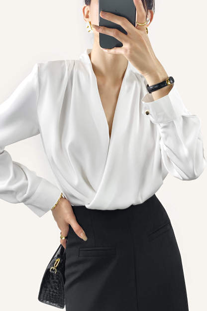White Ruched Long Sleeve Surplice Blouse