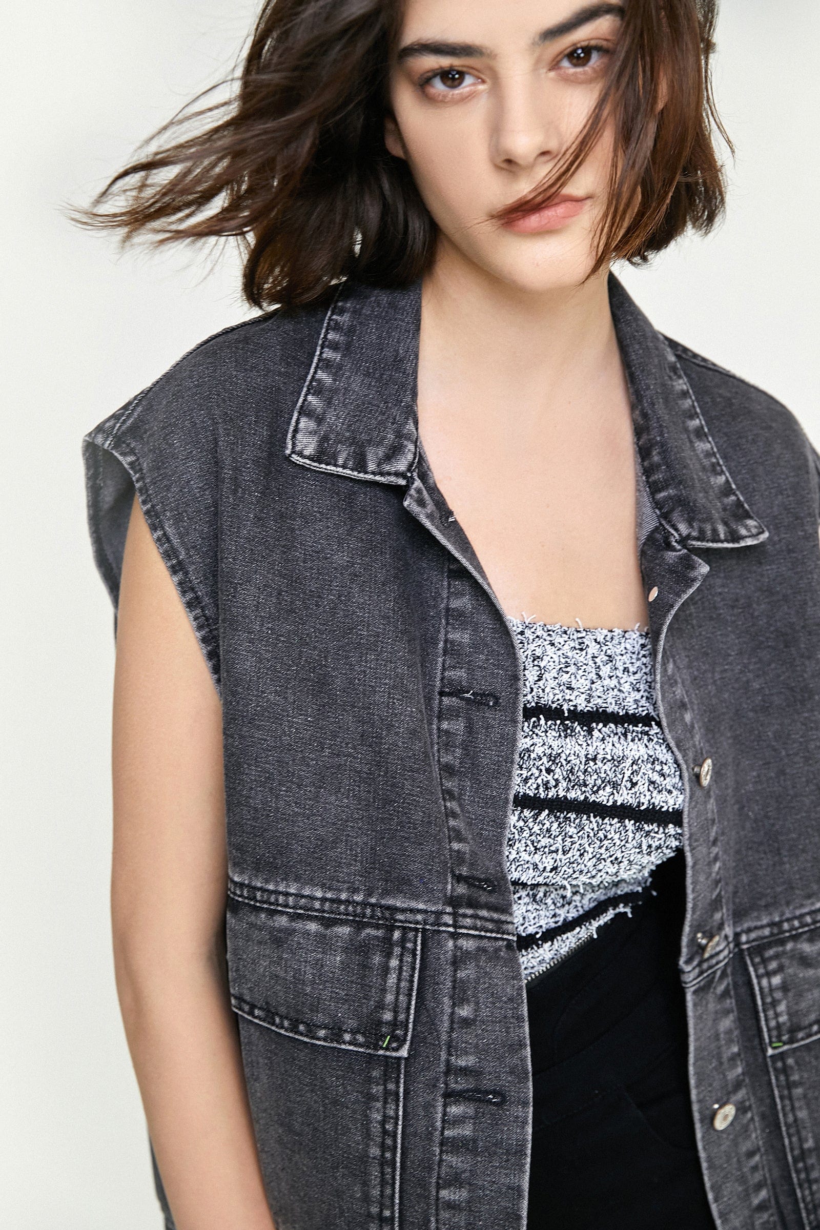 Black Collared Flap Pocket Button Front Denim Vest