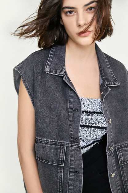 Black Collared Flap Pocket Button Front Denim Vest