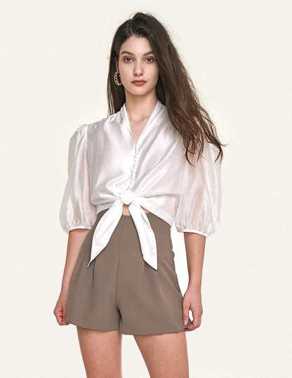 White Tie Hem Button Front Three-Quarter Puff-Sleeve Blouse