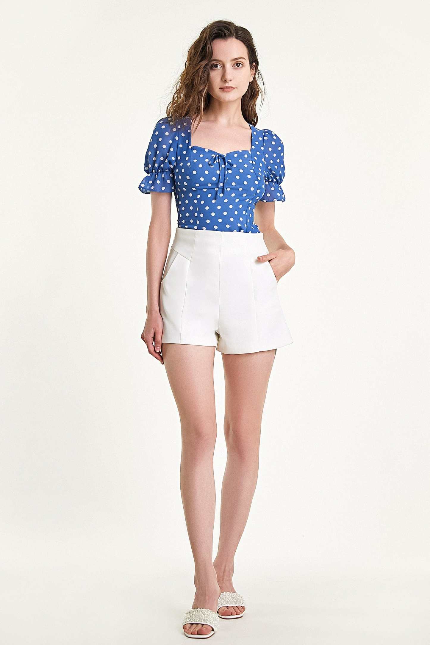 Steel Blue Polka Dot Tie Detail Cropped Blouse