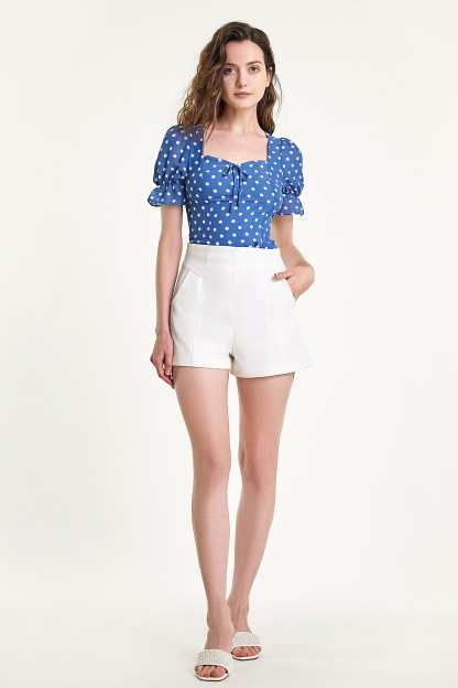 Steel Blue Polka Dot Tie Detail Cropped Blouse