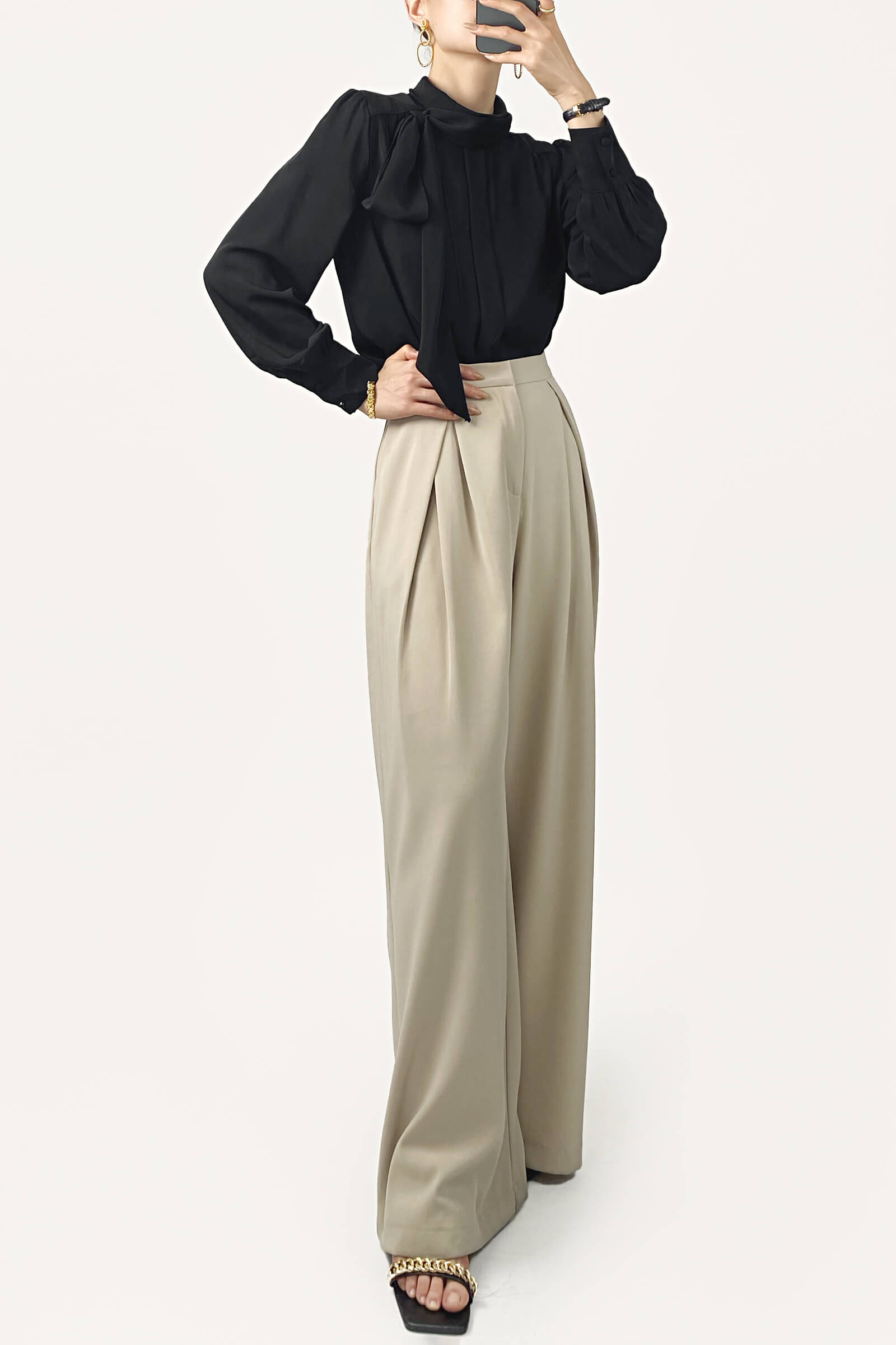 Black Long Sleeve Tie Neck Blouse