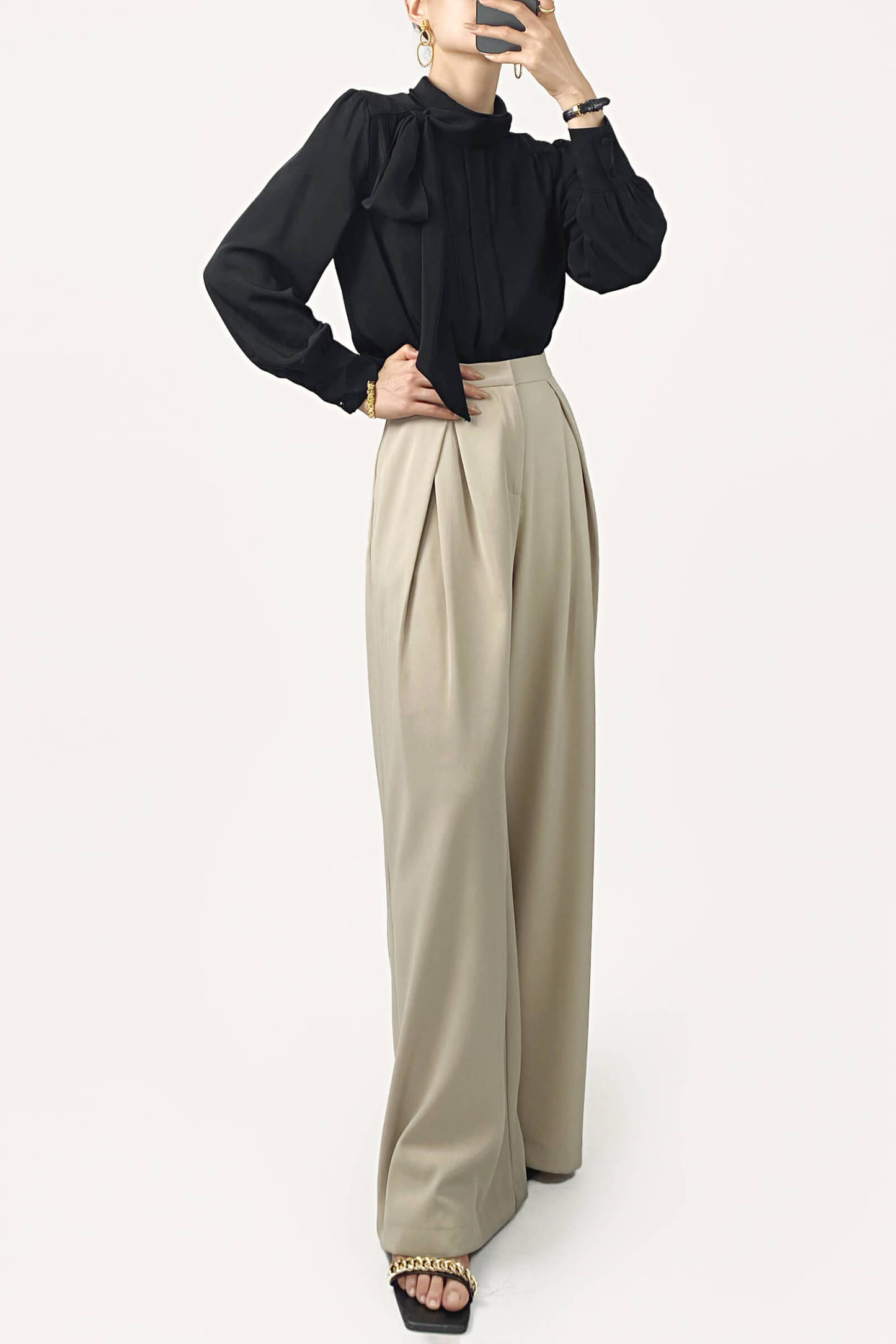 Black Long Sleeve Tie Neck Blouse
