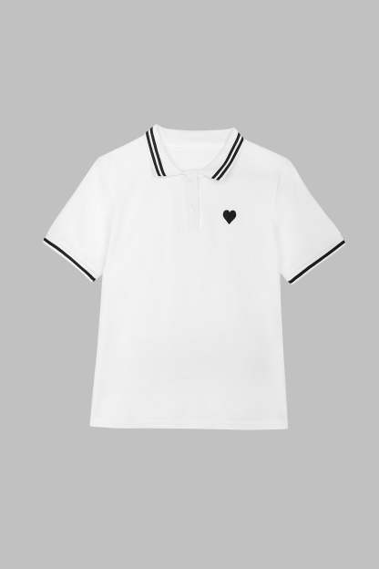White Contrast Trim Embroidery Polo T-shirt